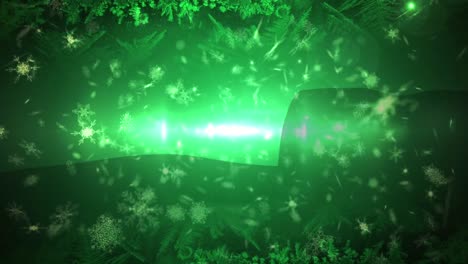 animación de la nieve de navidad cayendo sobre las decoraciones de navidad sobre fondo verde