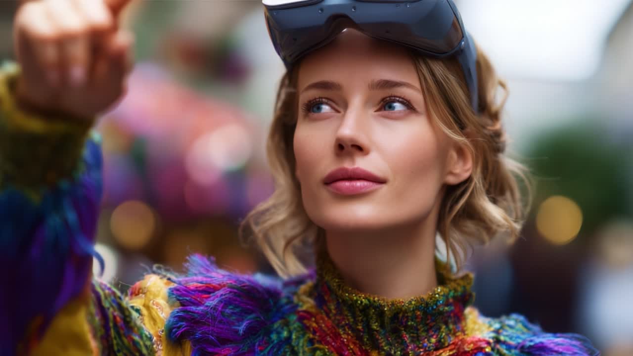 Un momento accattivante: una donna elegante con abiti vivaci e occhiali unici cattura lo spirito di gioia e avventura in un ambiente urbano dinamico