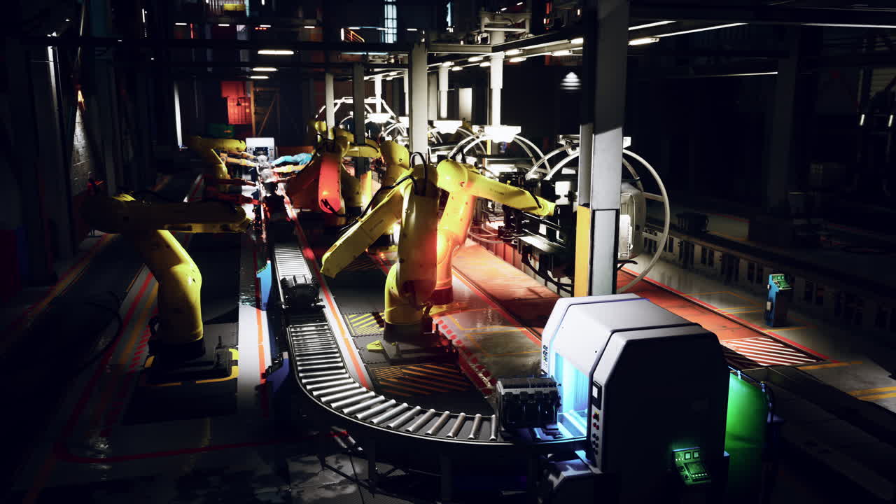 Night shift factory with robotic arms and conveyor belts operating