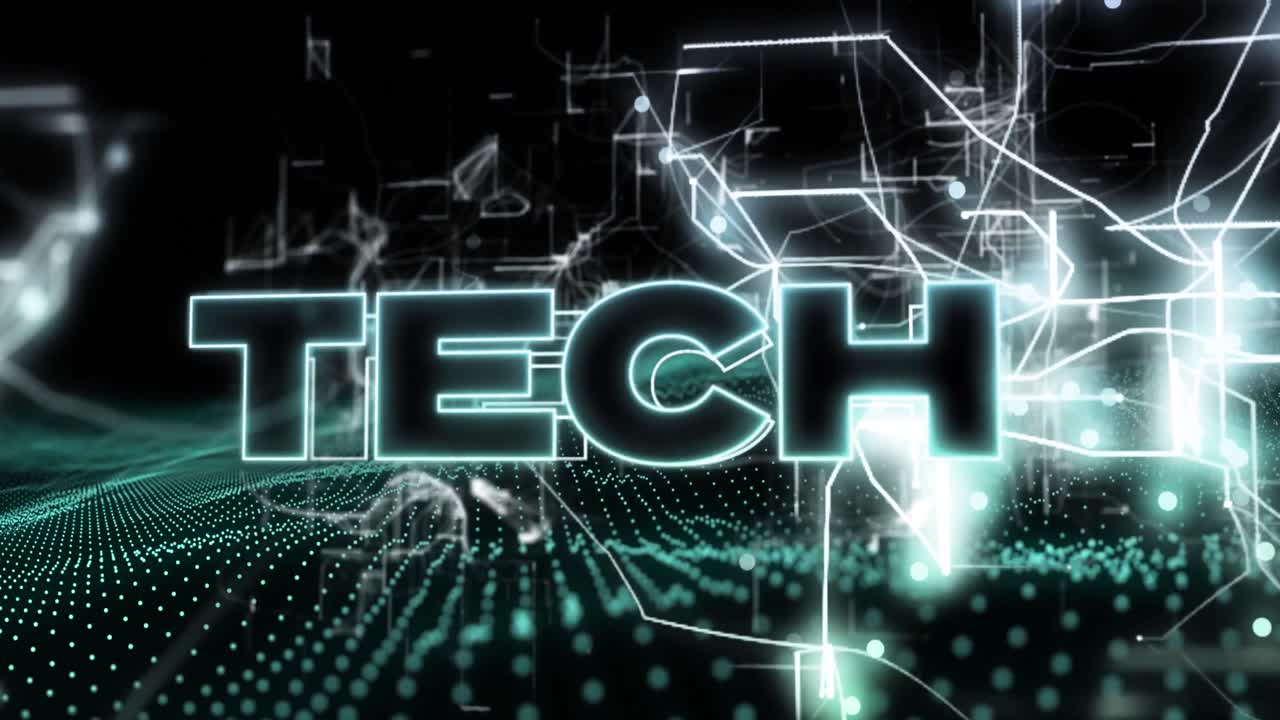 animación del texto técnico sobre puntos en fondo negro