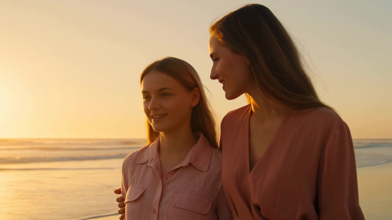 Duas mulheres estão próximas em uma costa arenosa na hora dourada, com um braço em volta da outra e o oceano brilhante ao fundo.