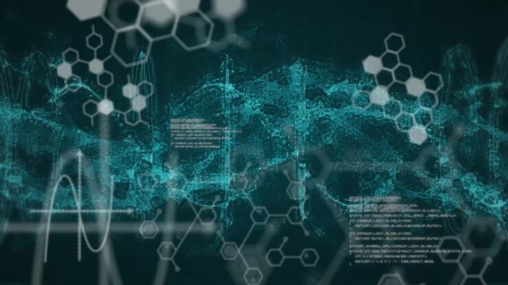 Animation of diverse data processing over blue waves on black digital background