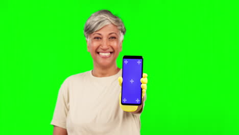 Greenscreen,-Telefon-Oder-ältere-Glückliche-Frau