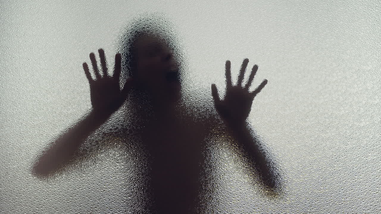 A female silhouette behind the frosted glass moves slowly and screems
