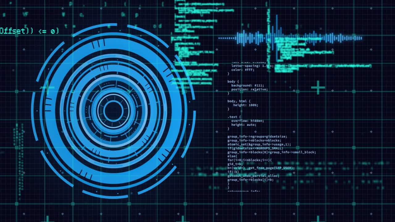 Animation of futuristic blue digital interface processing coding and data elements