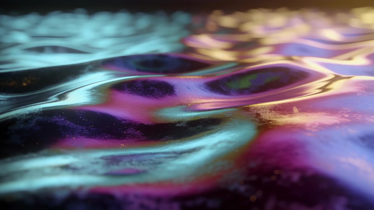 Lighting pulsing, iridescent film rippling on studio tabletop, showing teal purple gold reflections