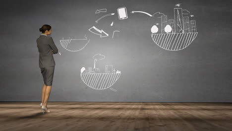 businesswoman looking at grey wall with brainstorm