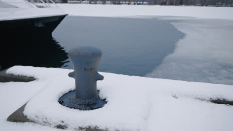 冬の間、背景の水面に氷がある雪の多い岸壁に係留ボラード