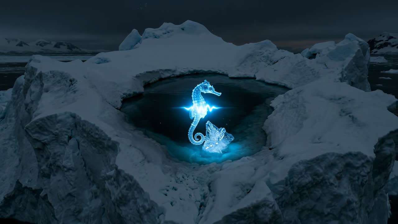 Æterisk glødende søhest-hologram i arktisk isbassin