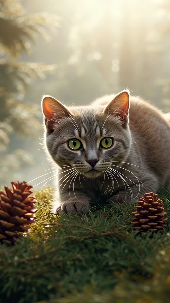 Vertical video: Zooming camera nudging gray tabby inching toward lens on pine cones, sunbeams rim