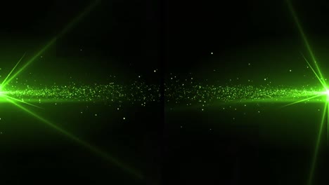 Animation-of-glowing-green-particles-of-light-moving-to-centre-from-left-and-right,-on-black