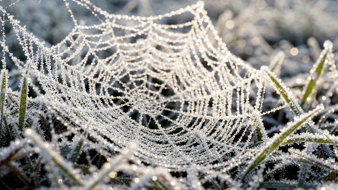 Un primo piano mozzafiato di una ragnatela ricoperta di brina in un paesaggio rugiadoso, che cattura la bellezza effimera del design della natura nella luce del primo mattino.