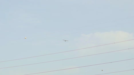 pequeño avión que vuela sobre las líneas eléctricas, plano general 120fps
