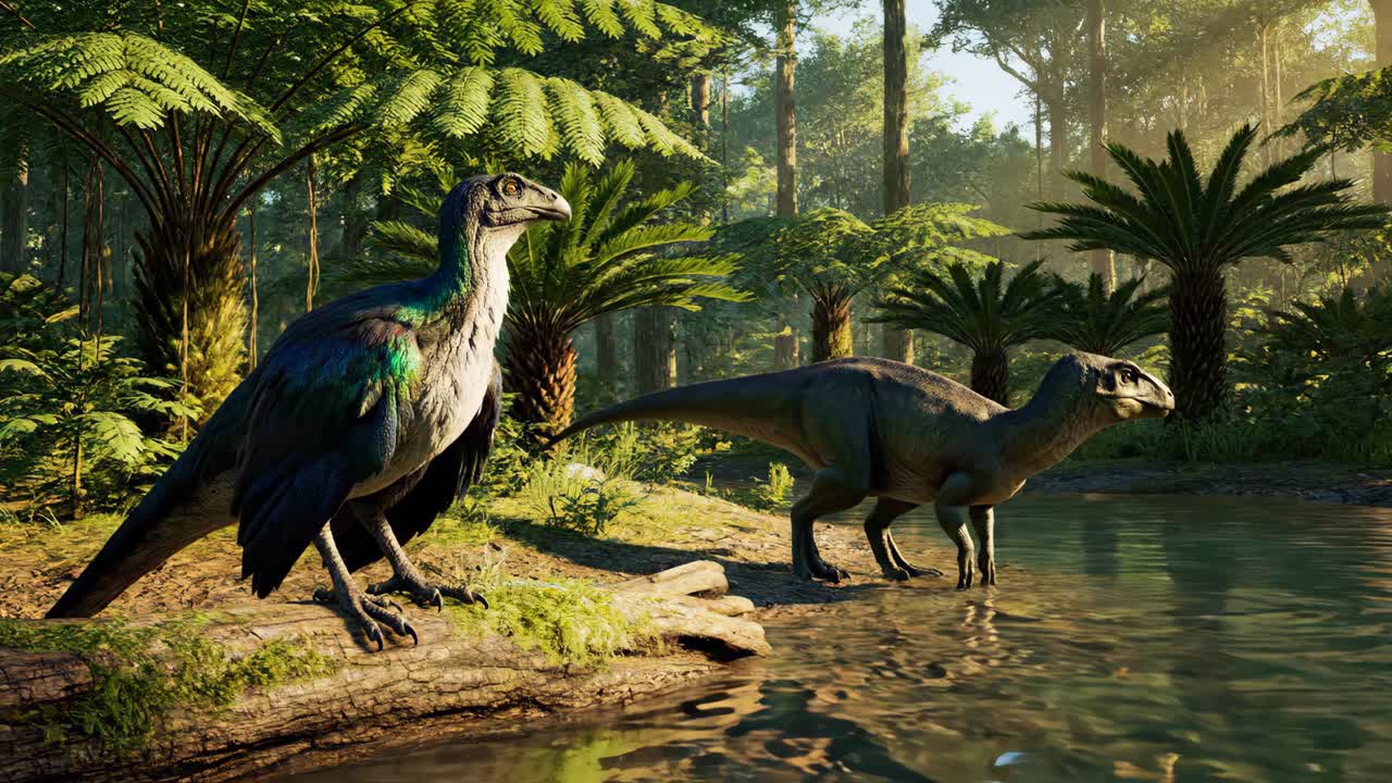 Dinosaurs in a lush prehistoric environment