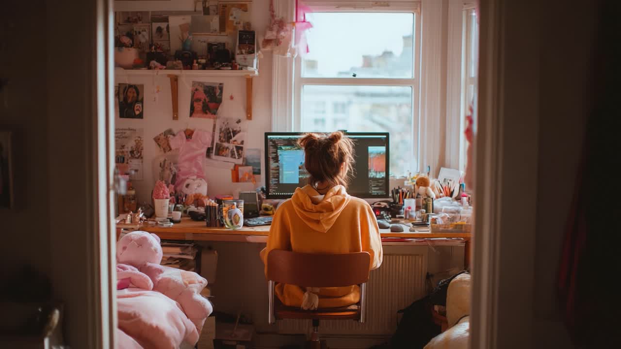A Creative Workspace: A Young Person Engaged in Digital Tasks at a Cluttered Desk Surrounded by Personal Touches and Inspiration