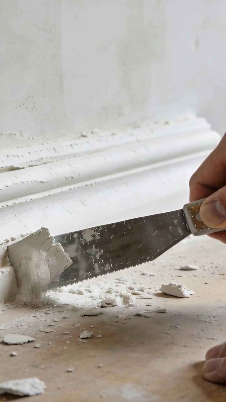 Vertical video: Placing blade, hand using putty knife scraping trim at home removing dried filler