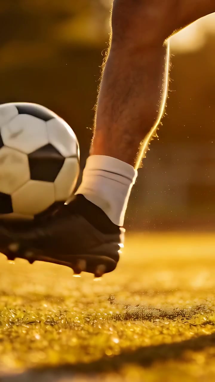 Dikey video: İlk sektirmeden itibaren top sektiren, çim sahada kramponları ve futbol topuyla kontrol pratiği yapan oyuncu.