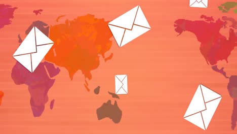 Animation-of-mail-envelope-icons-flying-over-world-map