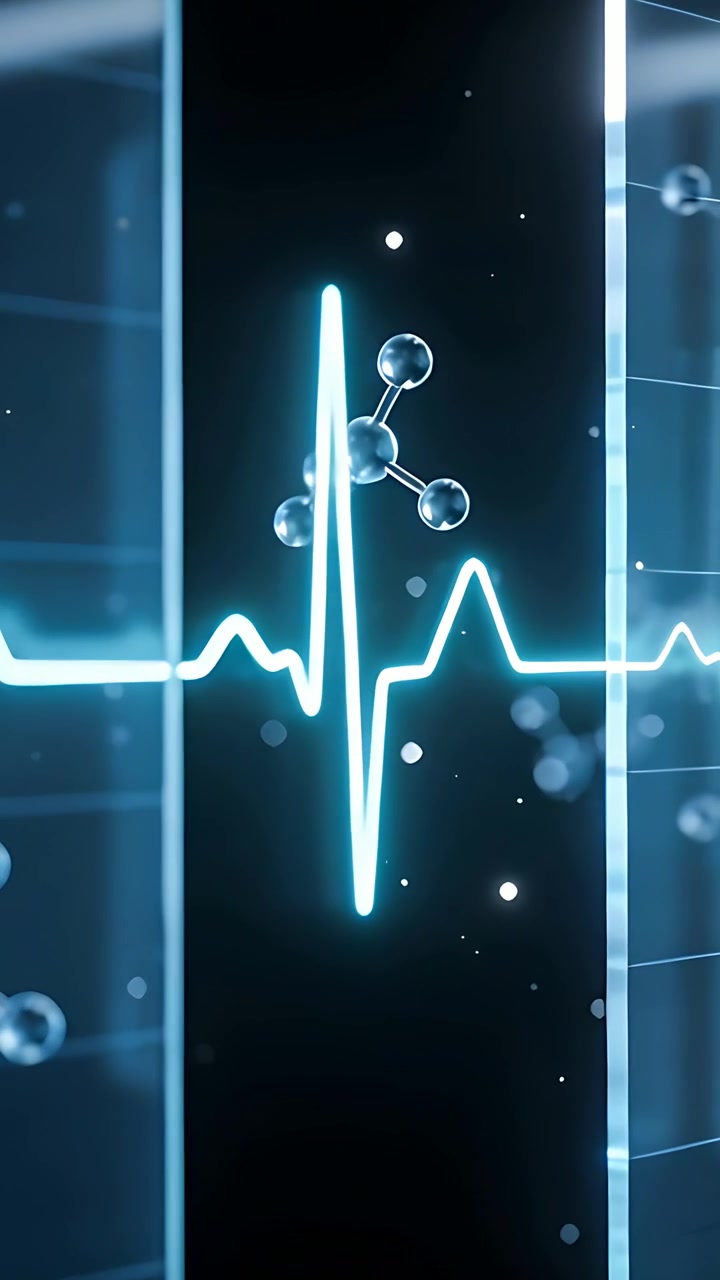 Video verticale: Tracciato ECG pulsante che stimola molecole che fluttuano su una griglia di laboratorio con pannello di vetro