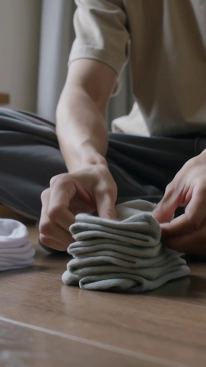 Vertical video: Picking left sock, adult in tan tee folding socks on wood floor by window, tidying