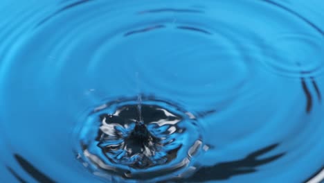 two drops falling into blue water. close-up. two water drop splash. concentric circle