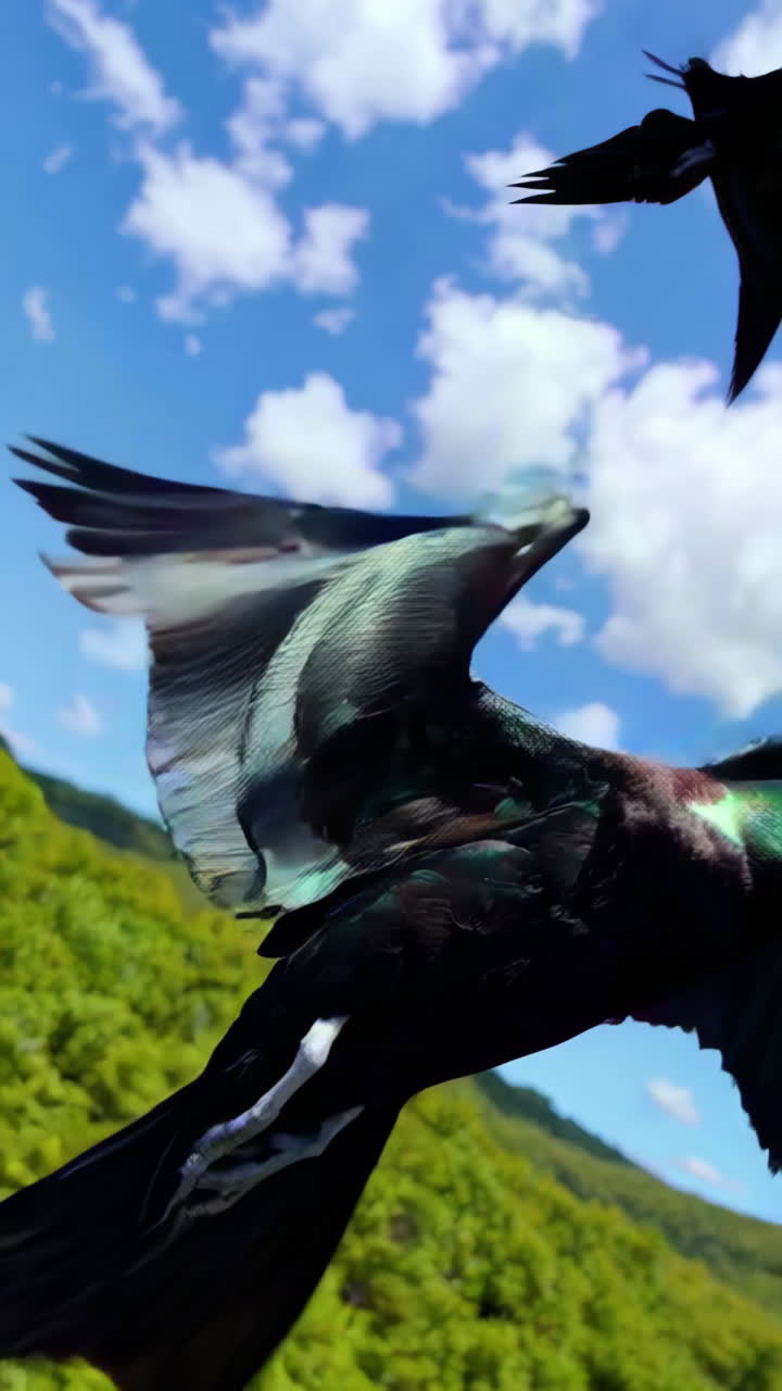 Birds in Flight Over Lush Tropical Landscape