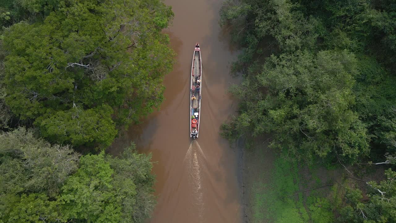 Top down drone of boat navigating Bolivia Rio Yacuma winding through the dense Amazonian pampas