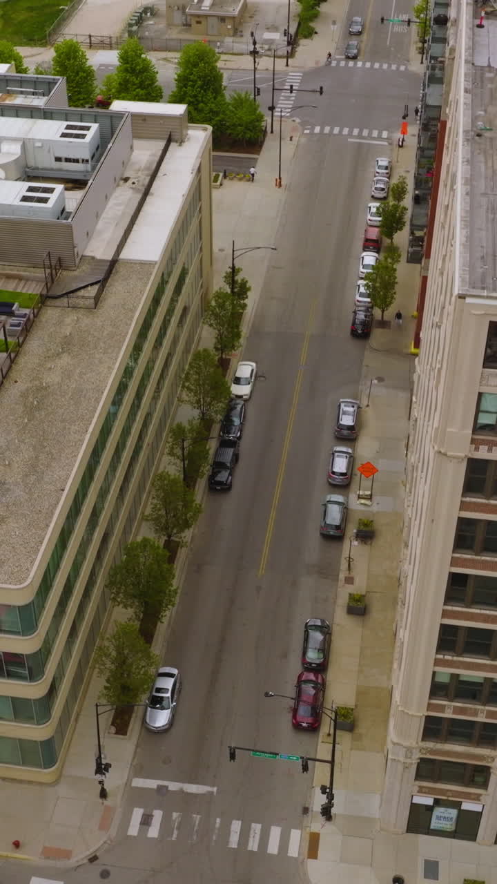 Amazing tops of Chicago buildings with green lounge zones at the roofs. Residential area at daytime. Aerial view. Vertical video