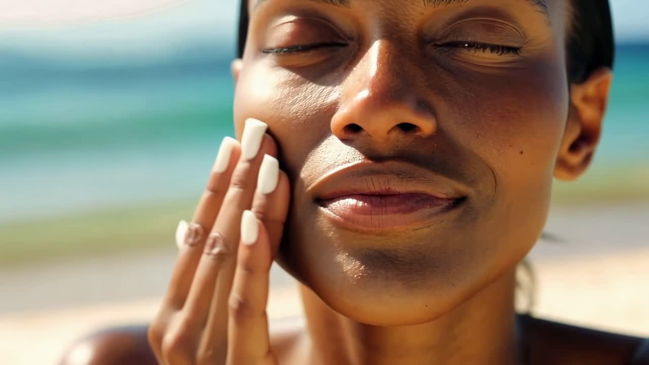 Close-up video of a person applying sunscreen on their face at the beach