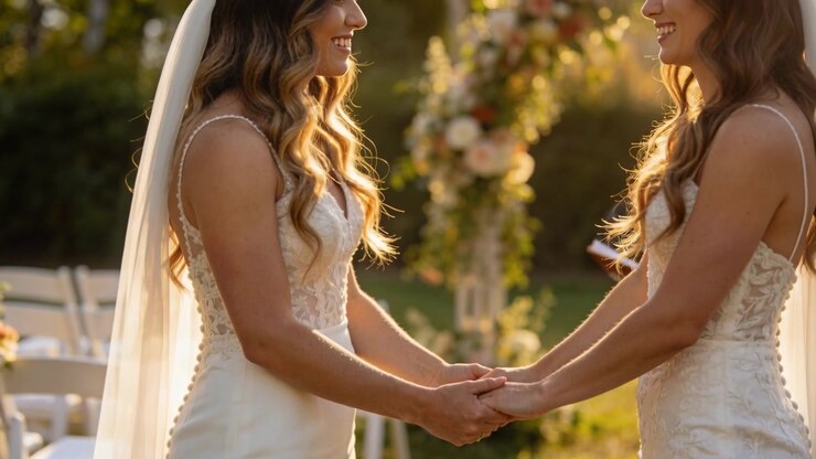 Brides joining hands as ceremony start, shifting grip, turning in garden, white gowns veil and arch