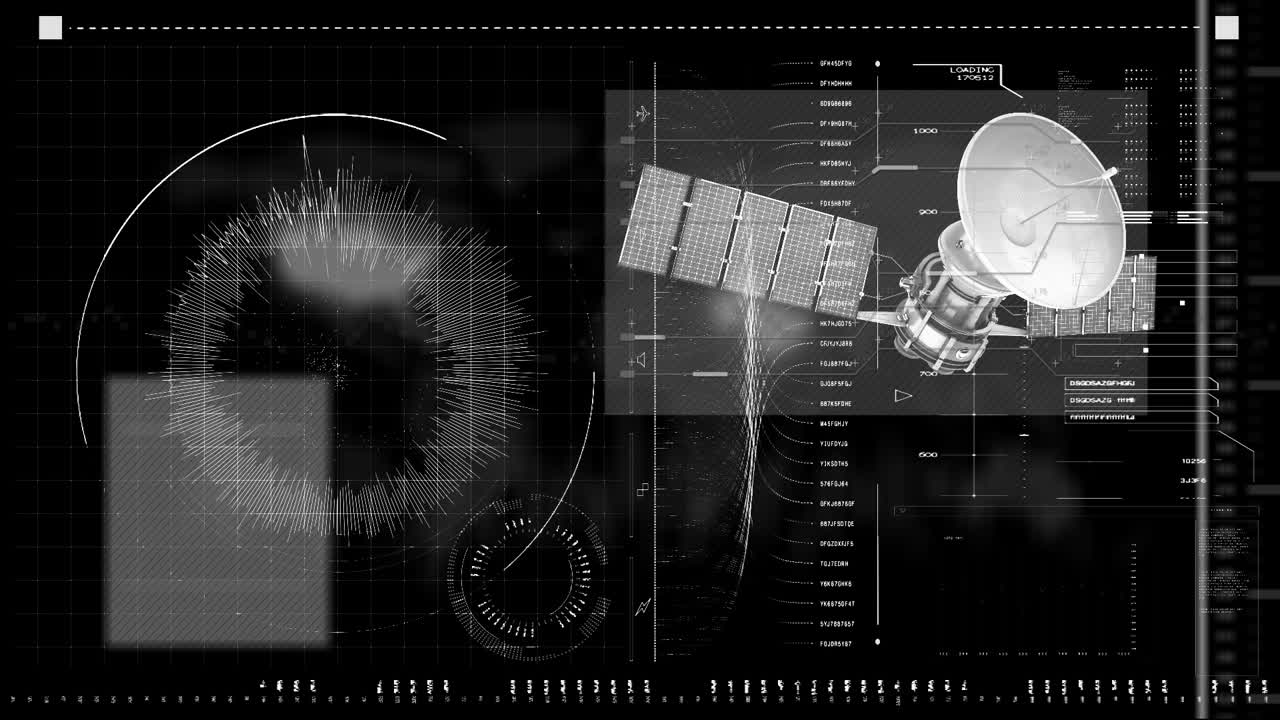 디지털 아이콘의 애니메이션과 그리드와 위성을 통한 데이터 처리