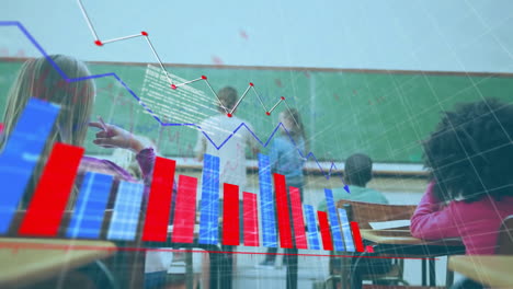 animation of data processing and diagram over diverse school children learning in classroom