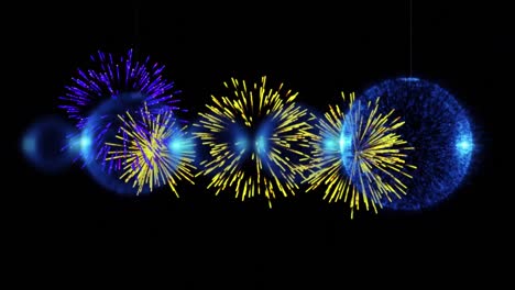 Animation of glittering blue spheres with christmas and new year fireworks in night sky