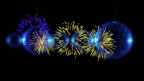 animation of glittering blue spheres with christmas and new year fireworks in night sky