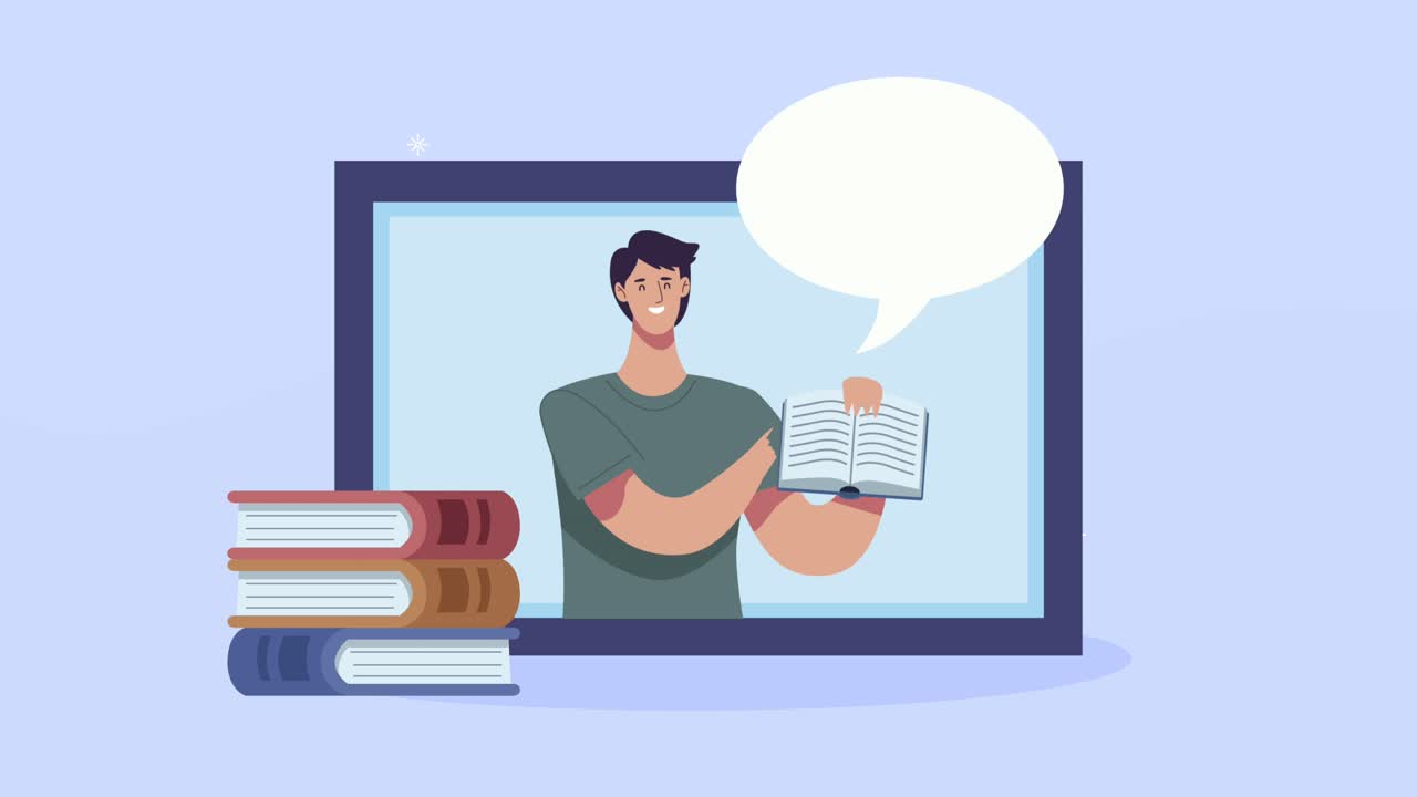 young student boy with books in tablet