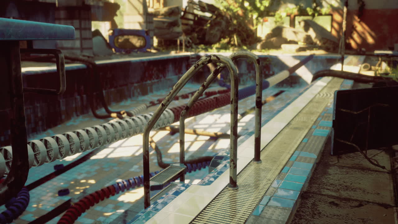 Old pool with worn steps and overgrown surroundings in afternoon light