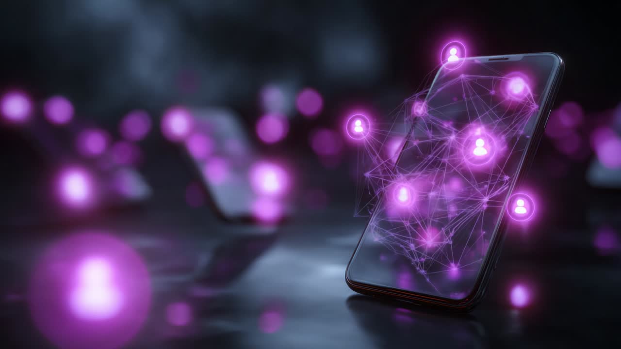 Exploring the Connections of a Digital Network through a Smartphone, where Virtual Communication and Social Interaction Take Shape through Vibrant Pink Nodes and Lines in a High-Tech Environment