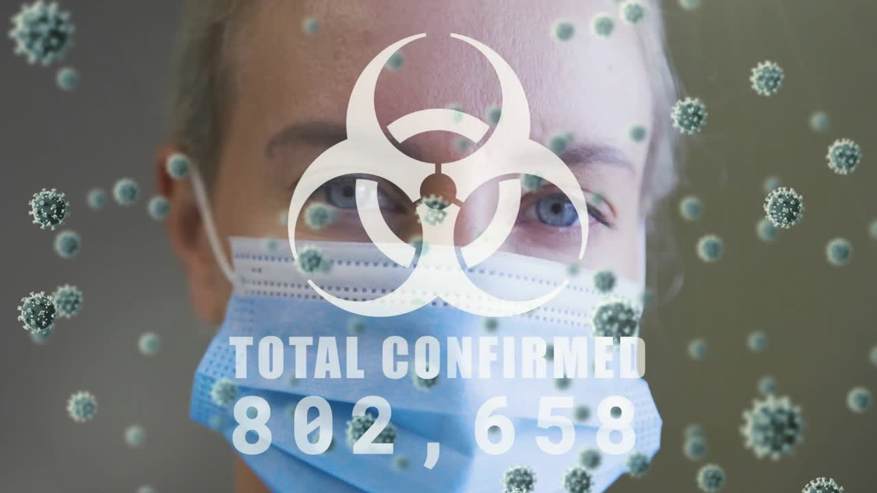 마스크를 쓴 여성의 얼굴, 생물학적 위험, 확산되는 바이러스, 증가하는 감염 사례를 보여주는 카운터로 업데이트되는 건강 데이터