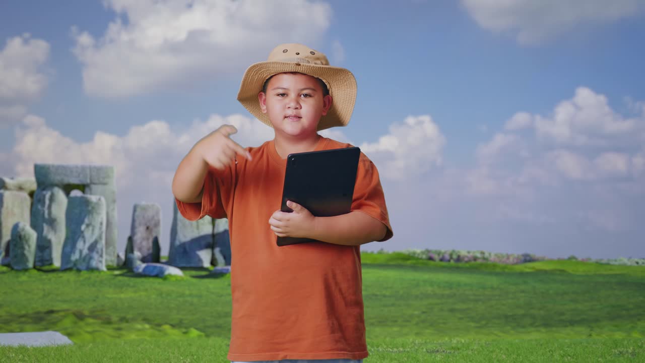 Asian Boy With A Hat Smiling And Pointing To A Tablet While Traveling In Stonehenge. Boy Researcher Examines Something, Travel Tourism Adventure Concept