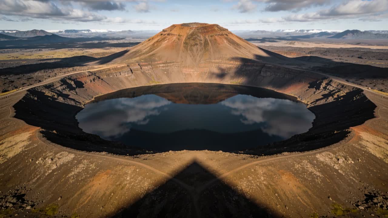 Telecamera drone che esegue una panoramica rispondendo alle nuvole che si spostano, rivelando un lago scuro, un cono e un'ombra triangolare