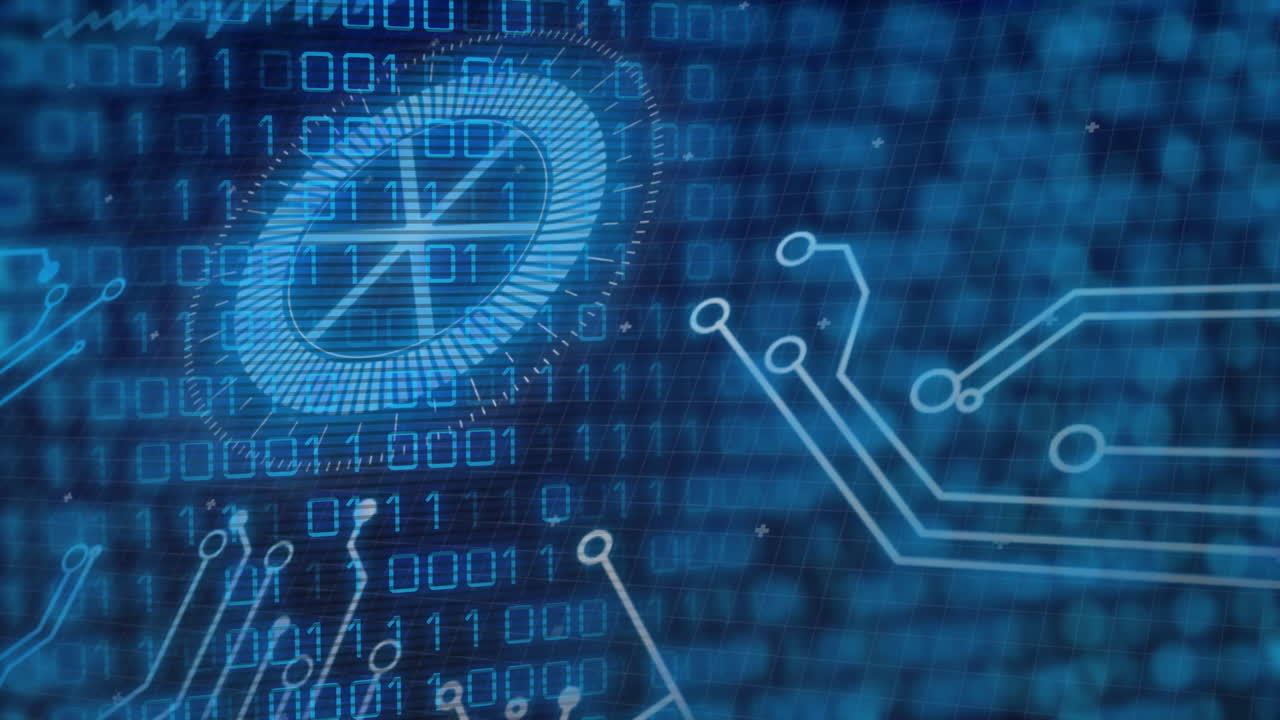 Animation showing digital circuit patterns and binary code for futuristic technology