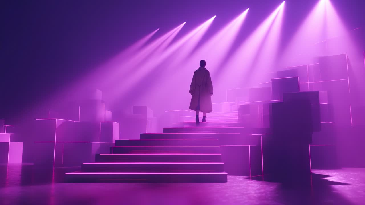 A person walks up illuminated purple stairs