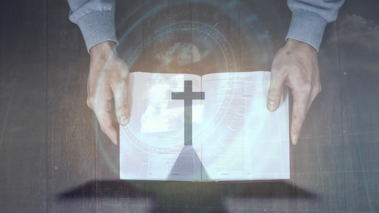 Hands appearing over book holographic rings rotating silhouette fading into cross forming via AR