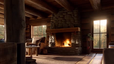 cozy cabin living room with fireplace