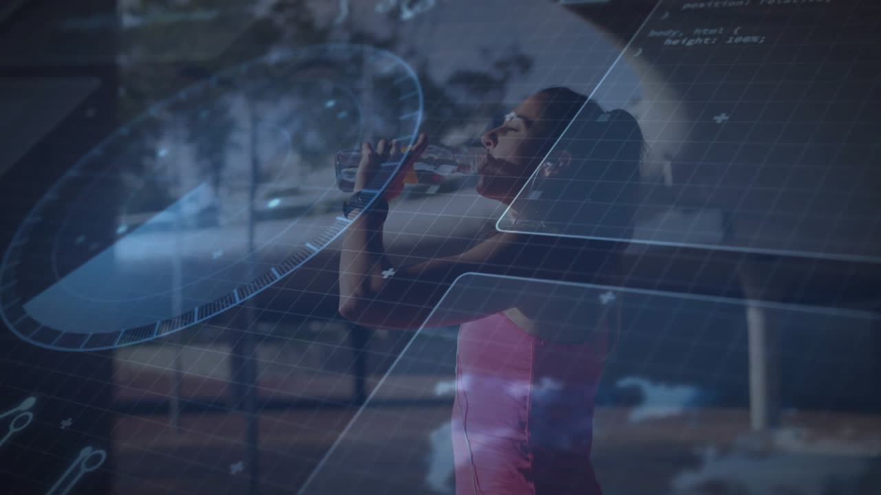 Woman by glass wall pausing fitness session and drinking clear bottle, HUD dial tracking wrist data