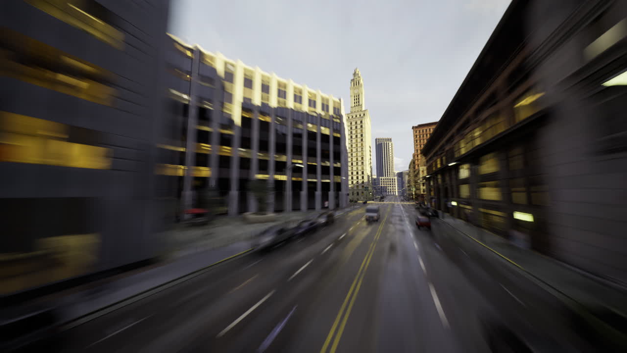 Urban cityscape showcasing buildings and highways during early morning hours