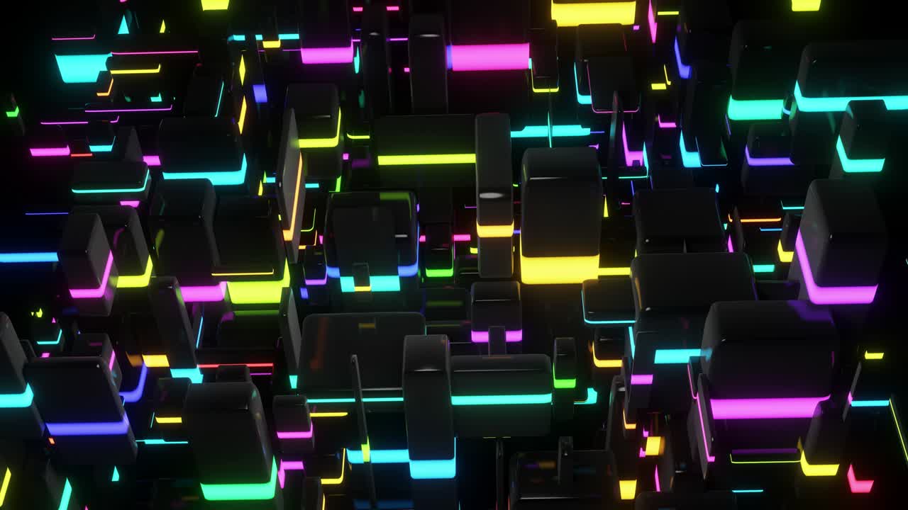 Dunkler Science-Fiction-Hintergrund. Abstrakter, geloopter 4K-Hintergrund mit dunklen Neonwürfel-Lichtern. Würfelnetzwerkbeleuchtung unterschiedlicher Größen mit mehrfarbigem Neonlicht, ähnlich einer Nachtstadt.