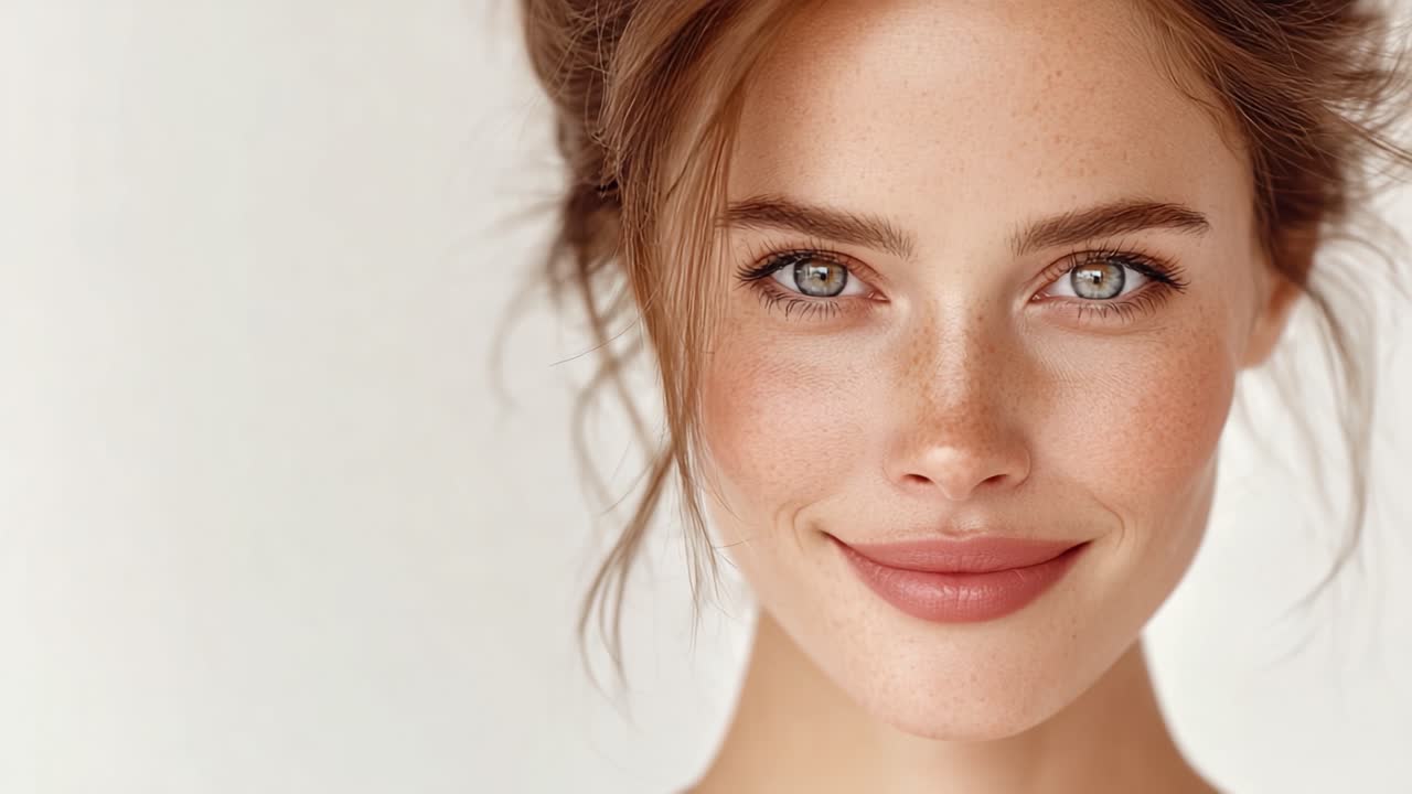 Sorriso Accattivante: Ritratto di una Giovane Donna con Pelle Radiosa, Occhi Bellissimi e un Fascino Naturale su Sfondo Chiaro