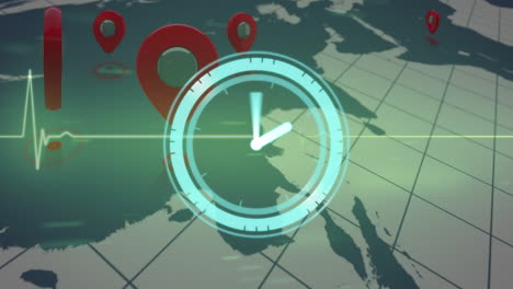 animación de reloj con manecillas girando sobre el monitor de frecuencia cardíaca y marcadores de ubicación geográfica en el mapa del mundo