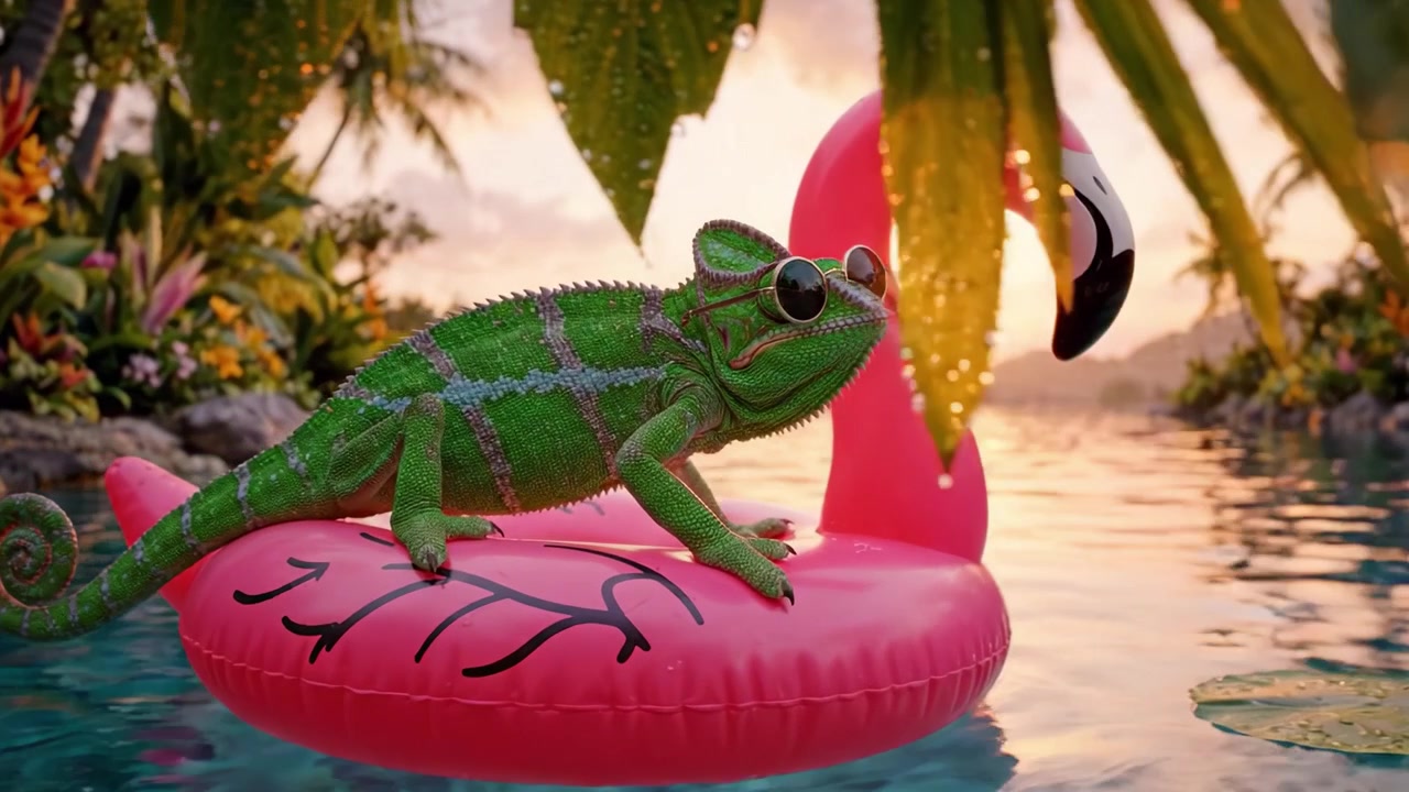 A Stylish Chameleon Relaxing on a Pink Flamingo Float in a Tropical Paradise During Sunset